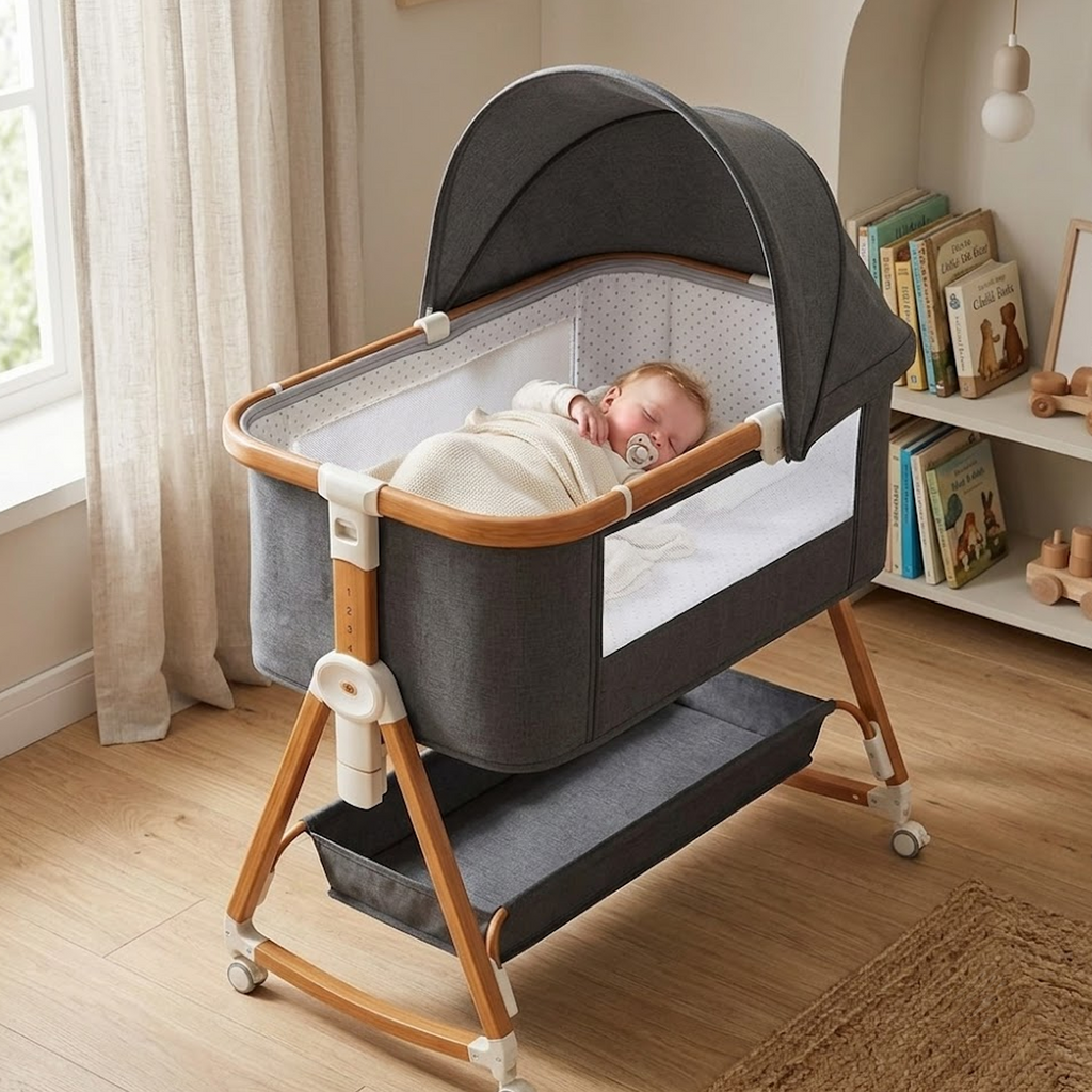 GGIB Adjustable Baby Bedside Bassinet with Rocking Mode, Mosquito Net, Toy Arch and Lockable Wheels