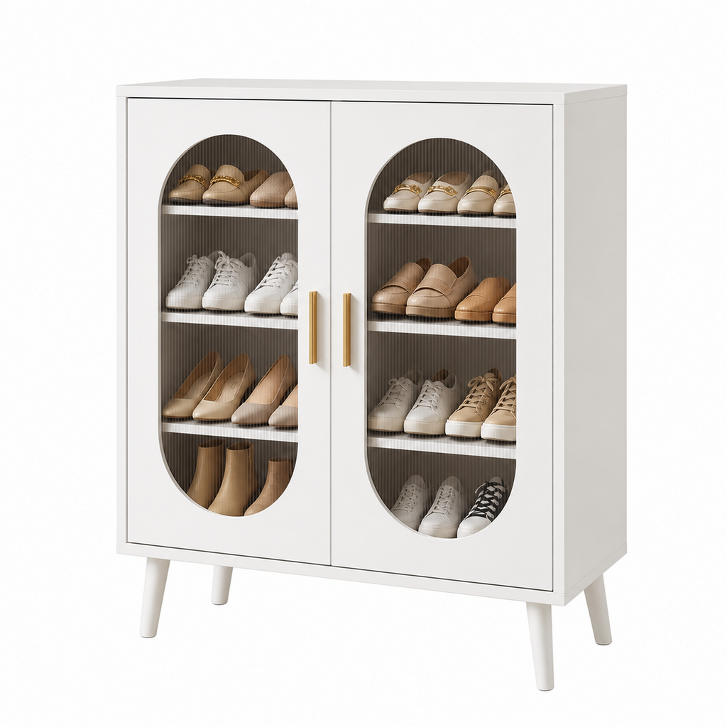 GGIB 2-Door Shoe Cabinet, White Polycarbonate Shoe Storage Organizer with Four Internal Layers