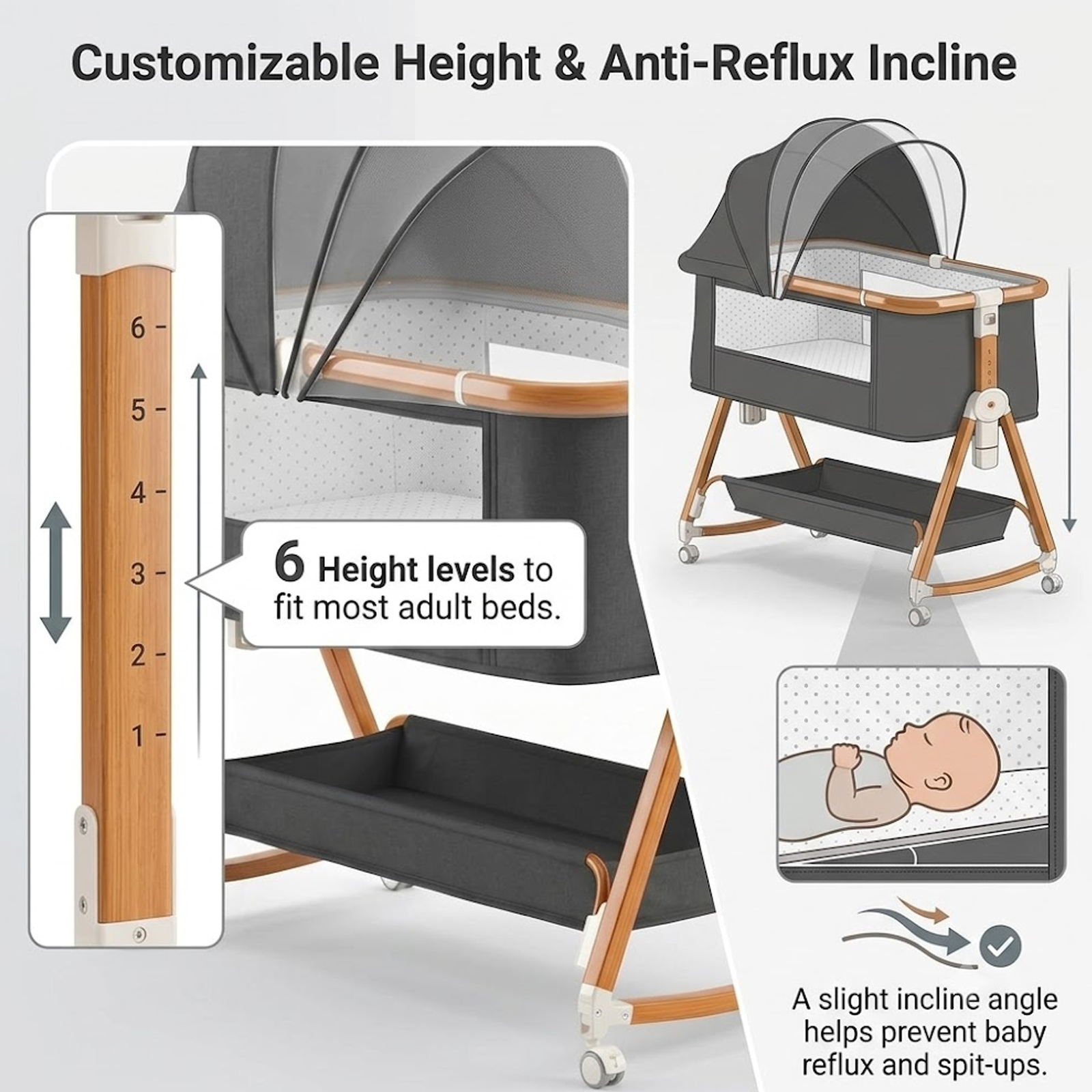GGIB Adjustable Baby Bedside Bassinet with Rocking Mode, Mosquito Net, Toy Arch and Lockable Wheels
