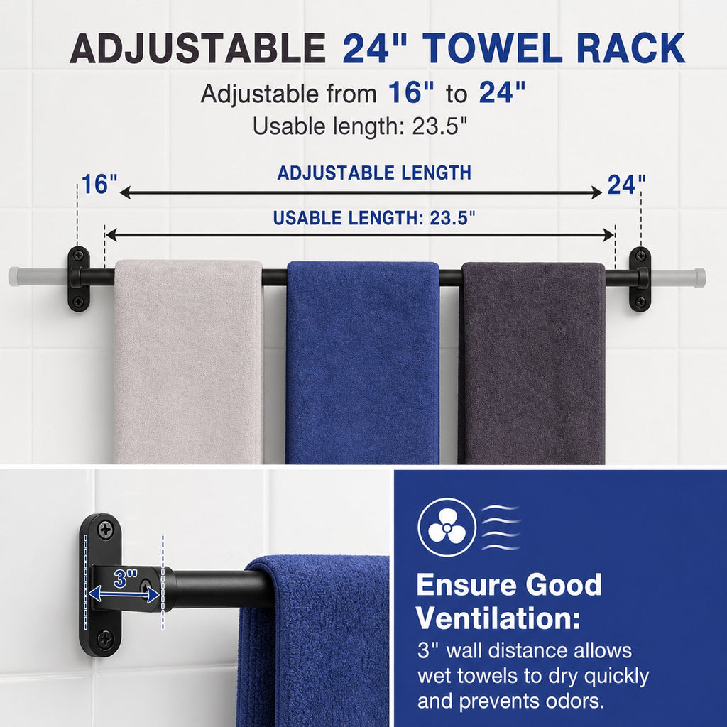 GGIB Matte Black Towel Racks, 24" Rustproof Wall Mounted Towel Holder Bar for Bathroom Accessories