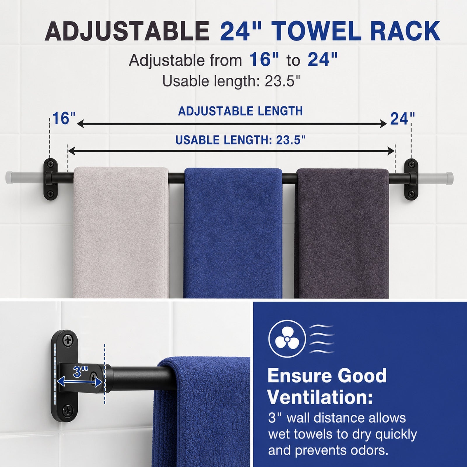 GGIB Matte Black Towel Racks, 24" Rustproof Wall Mounted Towel Holder Bar for Bathroom Accessories