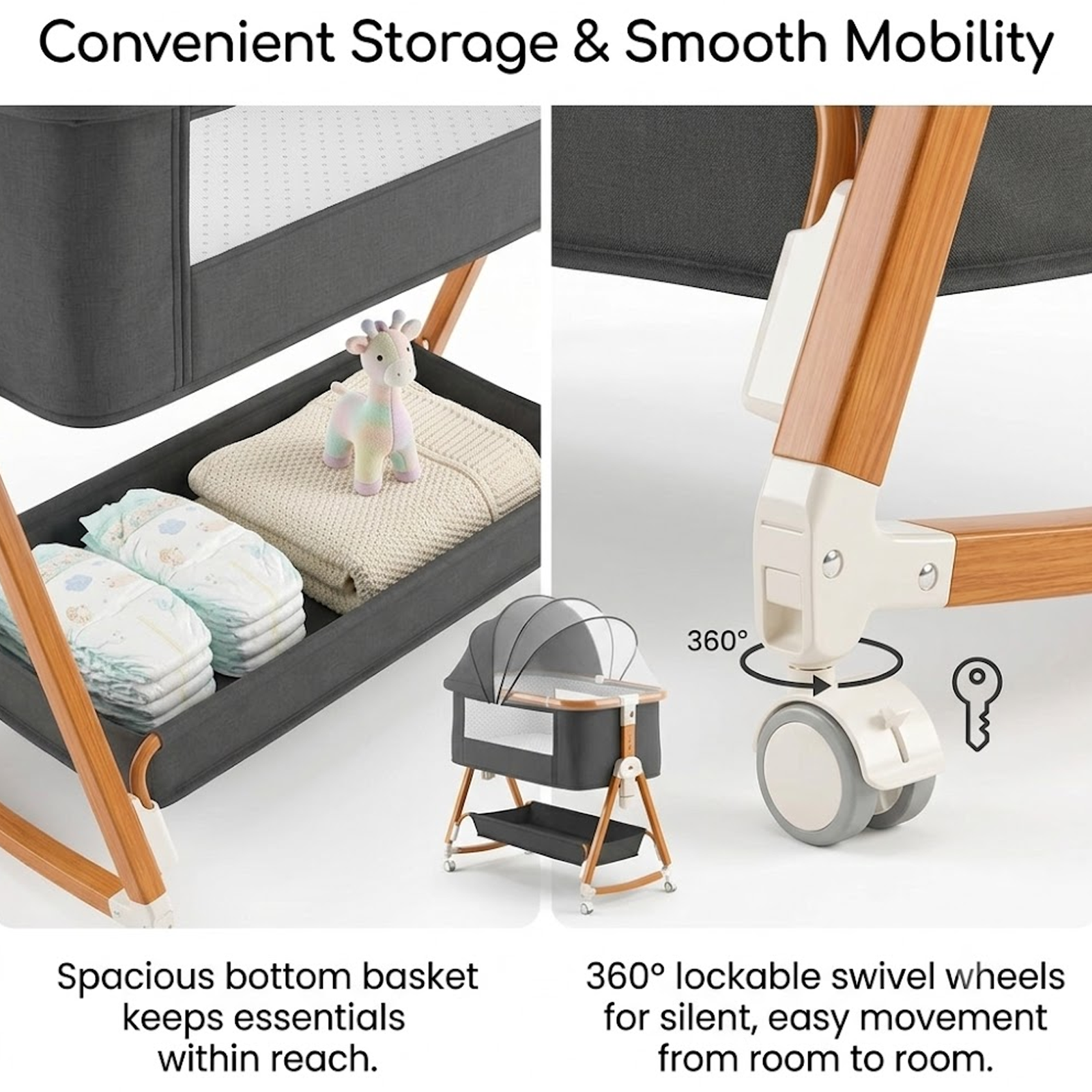 GGIB Adjustable Baby Bedside Bassinet with Rocking Mode, Mosquito Net, Toy Arch and Lockable Wheels