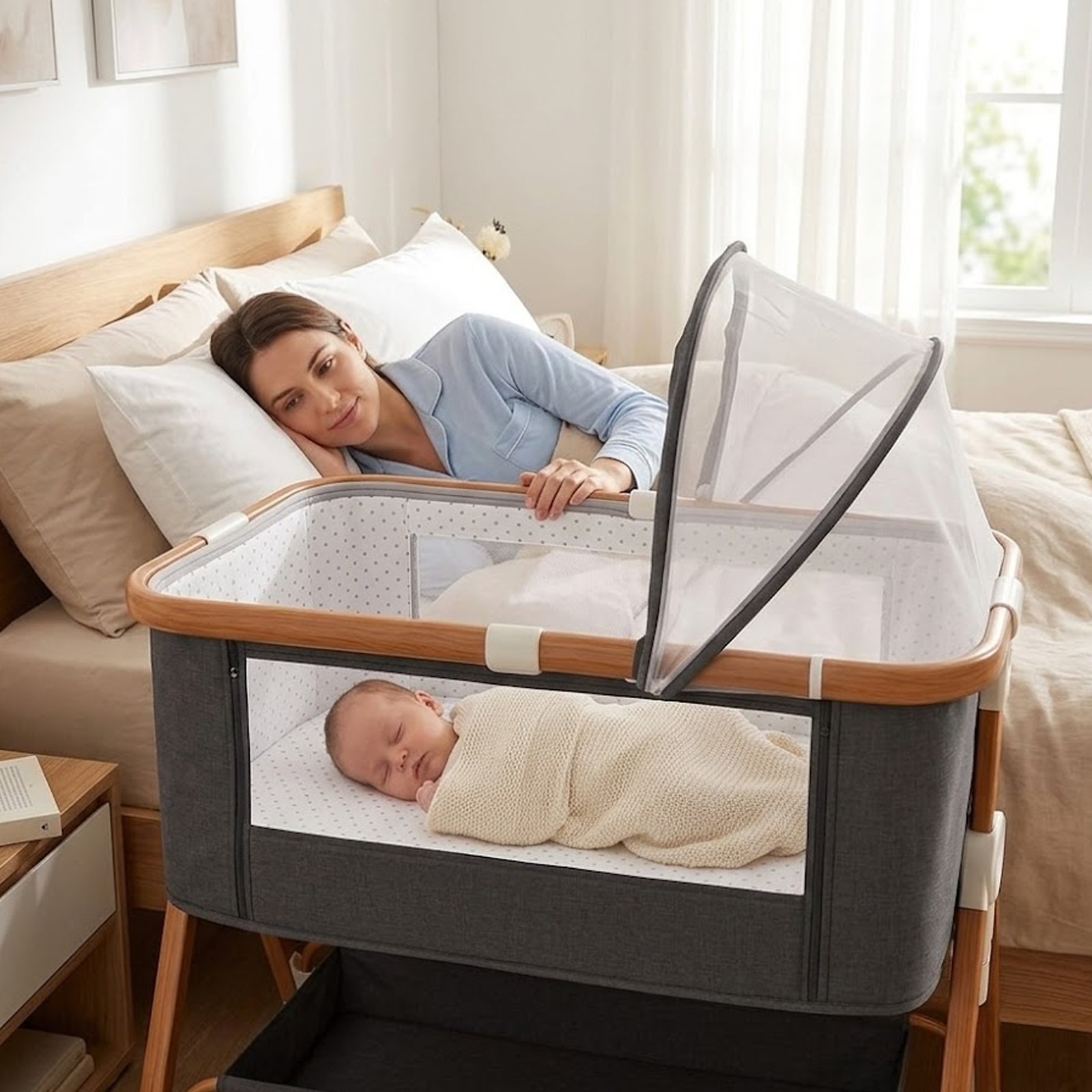 GGIB Adjustable Baby Bedside Bassinet with Rocking Mode, Mosquito Net, Toy Arch and Lockable Wheels