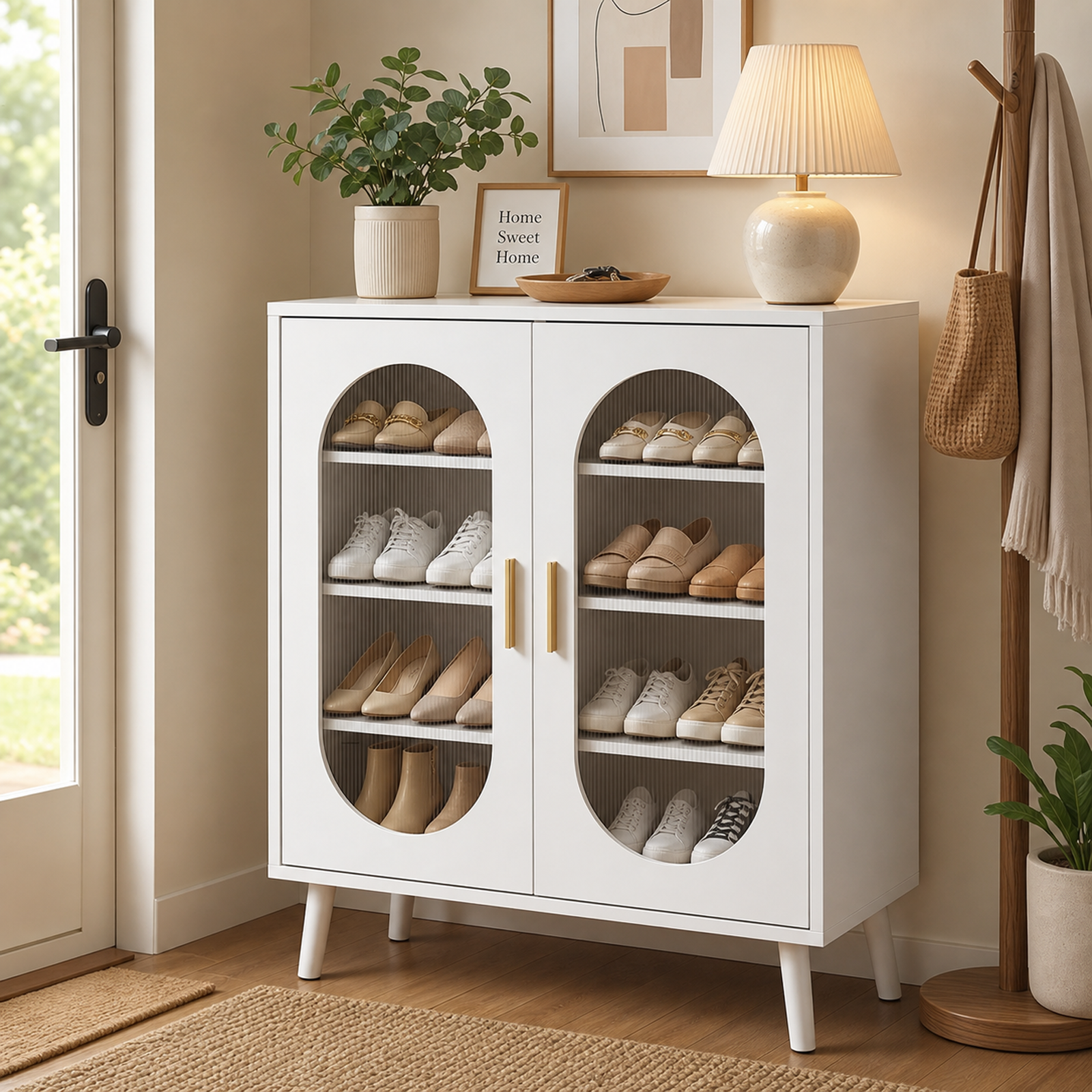 GGIB 2-Door Shoe Cabinet, White Polycarbonate Shoe Storage Organizer with Four Internal Layers