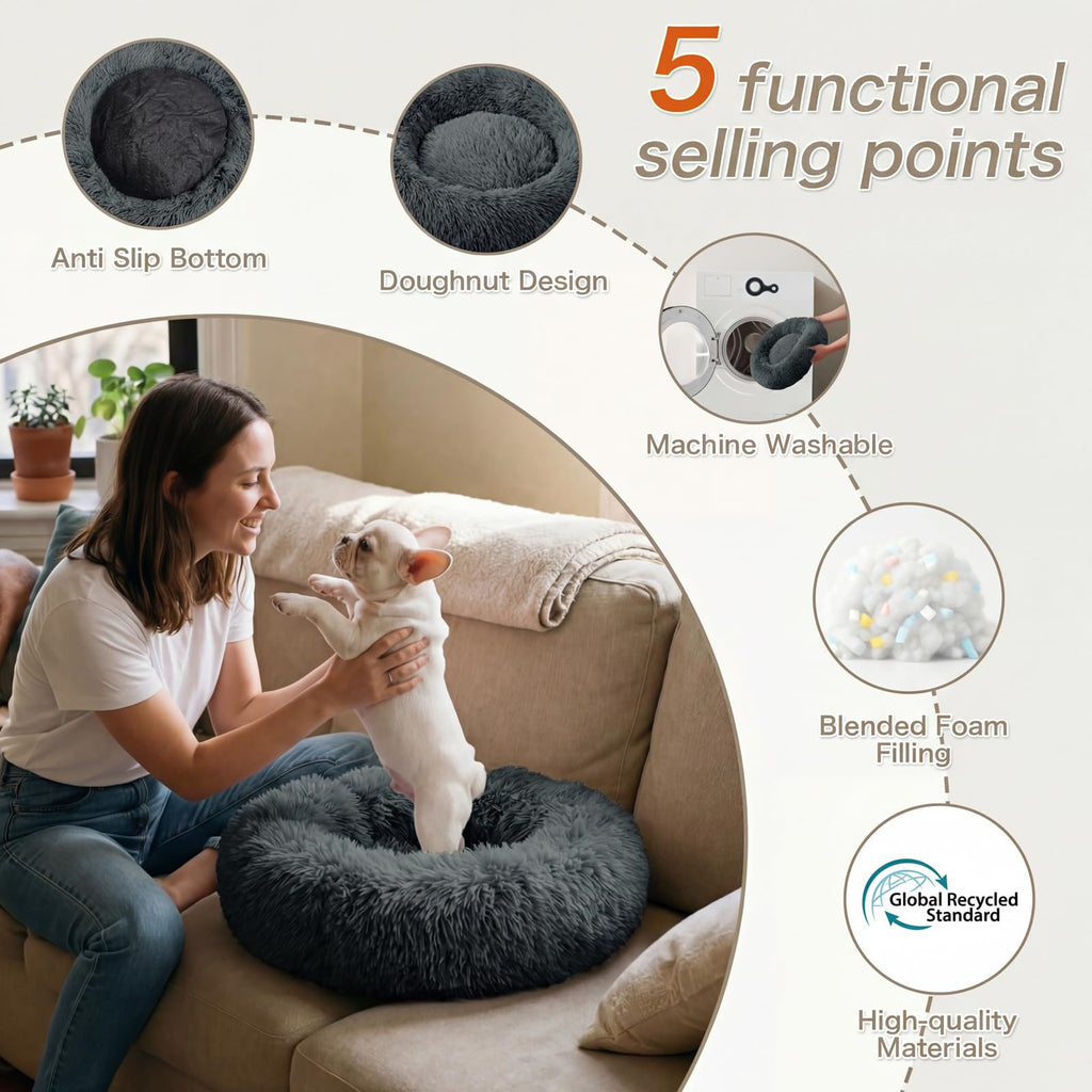 GGIB Calming Dog Bed, 20" x 20" x 6" Fits Cat & Dog, Anti-Slip Round Washable Faux Fur for Doze Off, Napping Orthopedic, Dark Grey