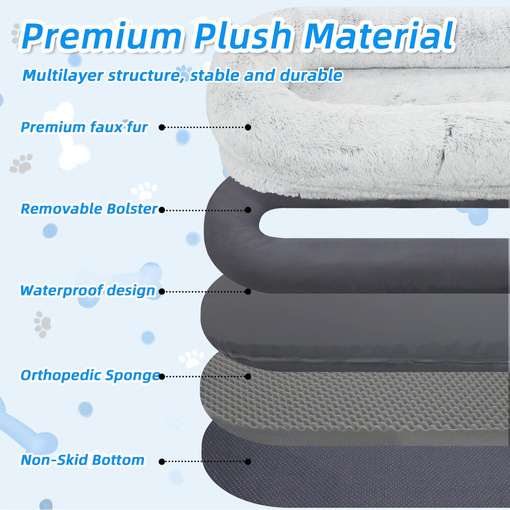 GGIB Human Dog Bed - 71"x45"x12" Fits You & Pets, Washable Faux Fur, Orthopedic, Plump Pillow, Blanket, Strap - Grey