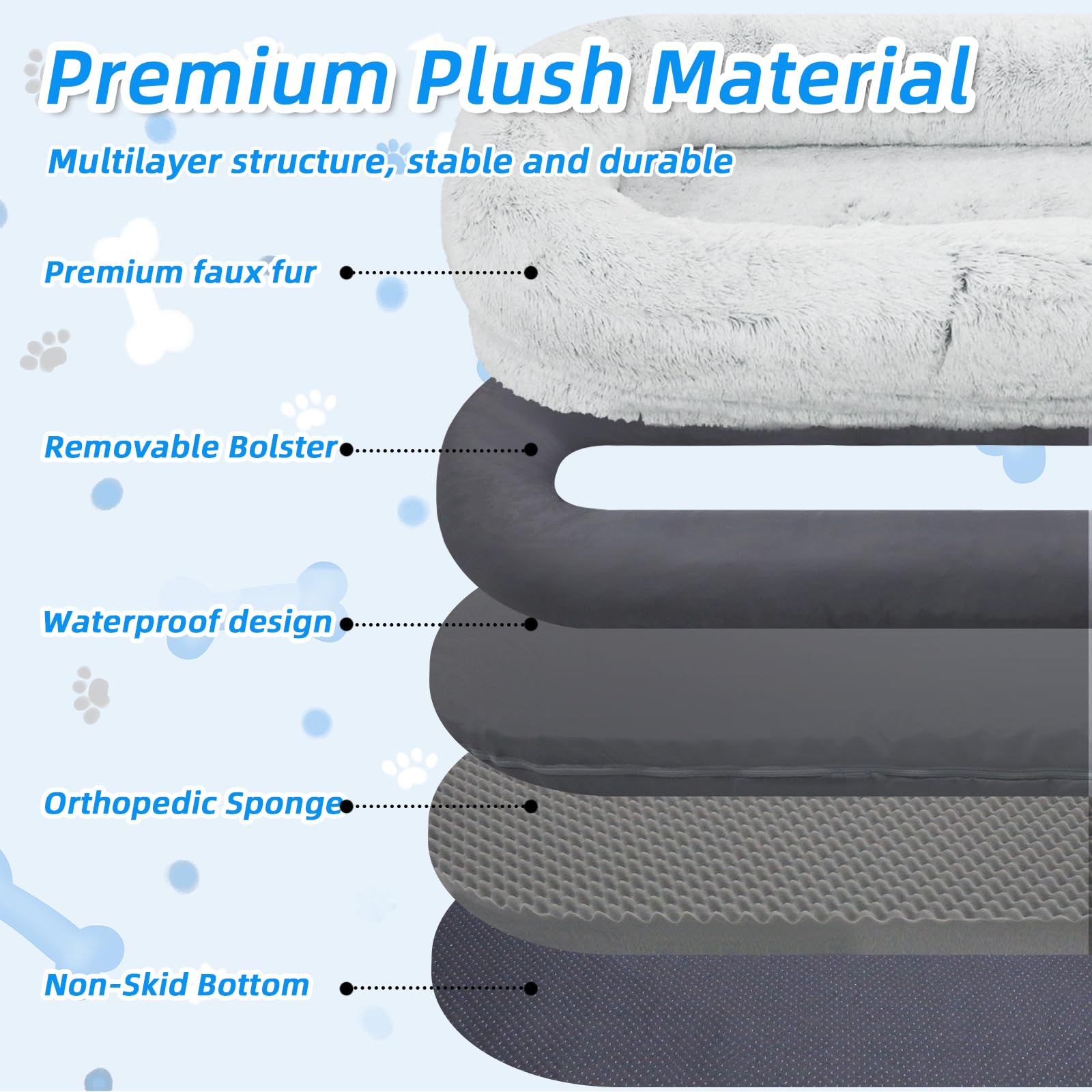 GGIB Human Dog Bed - 71"x45"x12" Fits You & Pets, Washable Faux Fur, Orthopedic, Plump Pillow, Blanket, Strap - Grey