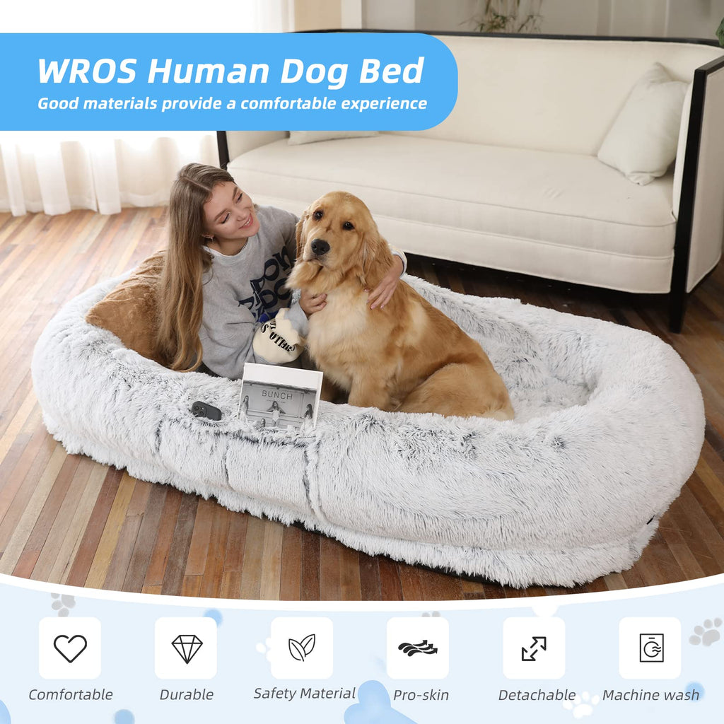 GGIB Human Dog Bed - 71"x45"x12" Fits You & Pets, Washable Faux Fur, Orthopedic, Plump Pillow, Blanket, Strap - Grey