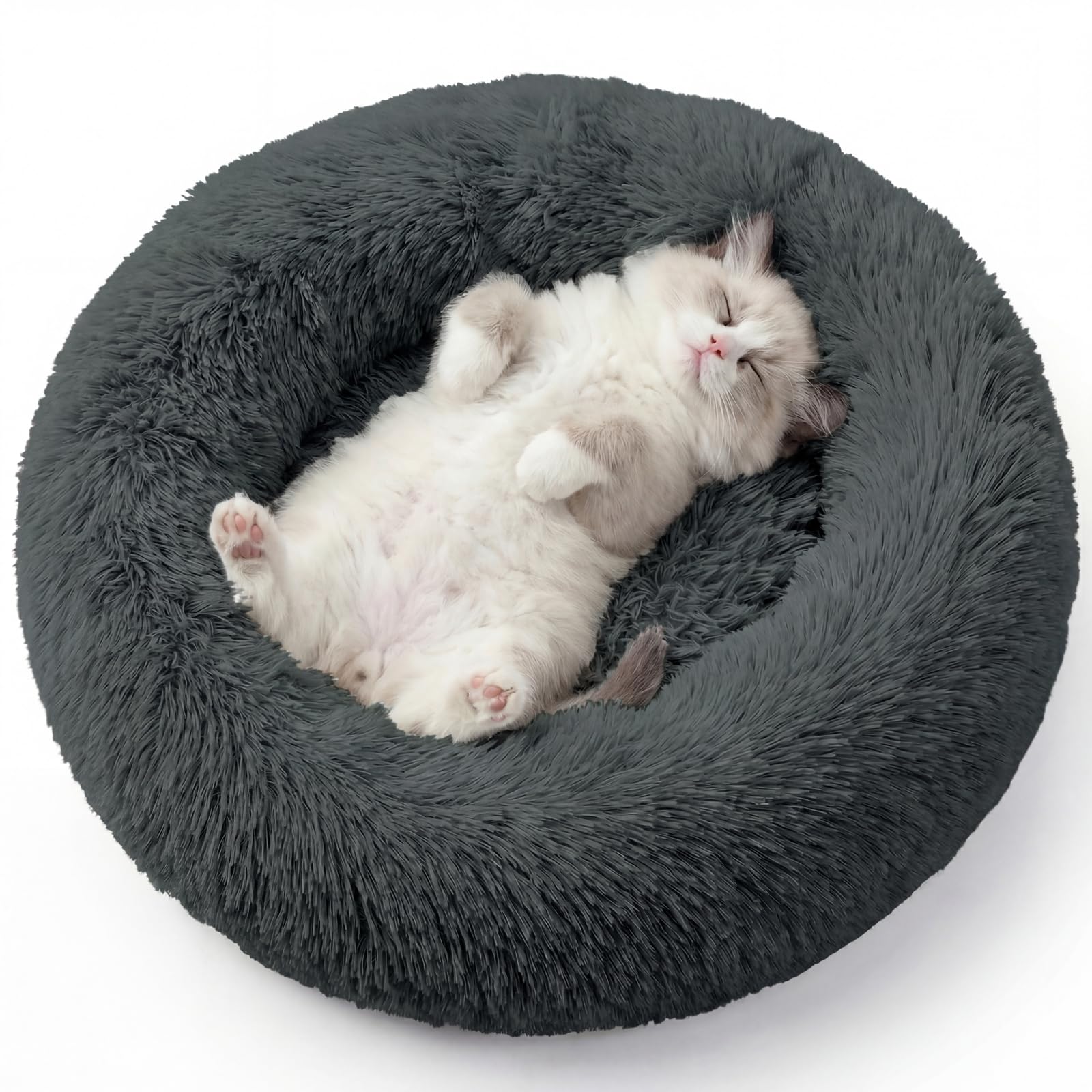 GGIB Calming Dog Bed, 20" x 20" x 6" Fits Cat & Dog, Anti-Slip Round Washable Faux Fur for Doze Off, Napping Orthopedic, Dark Grey