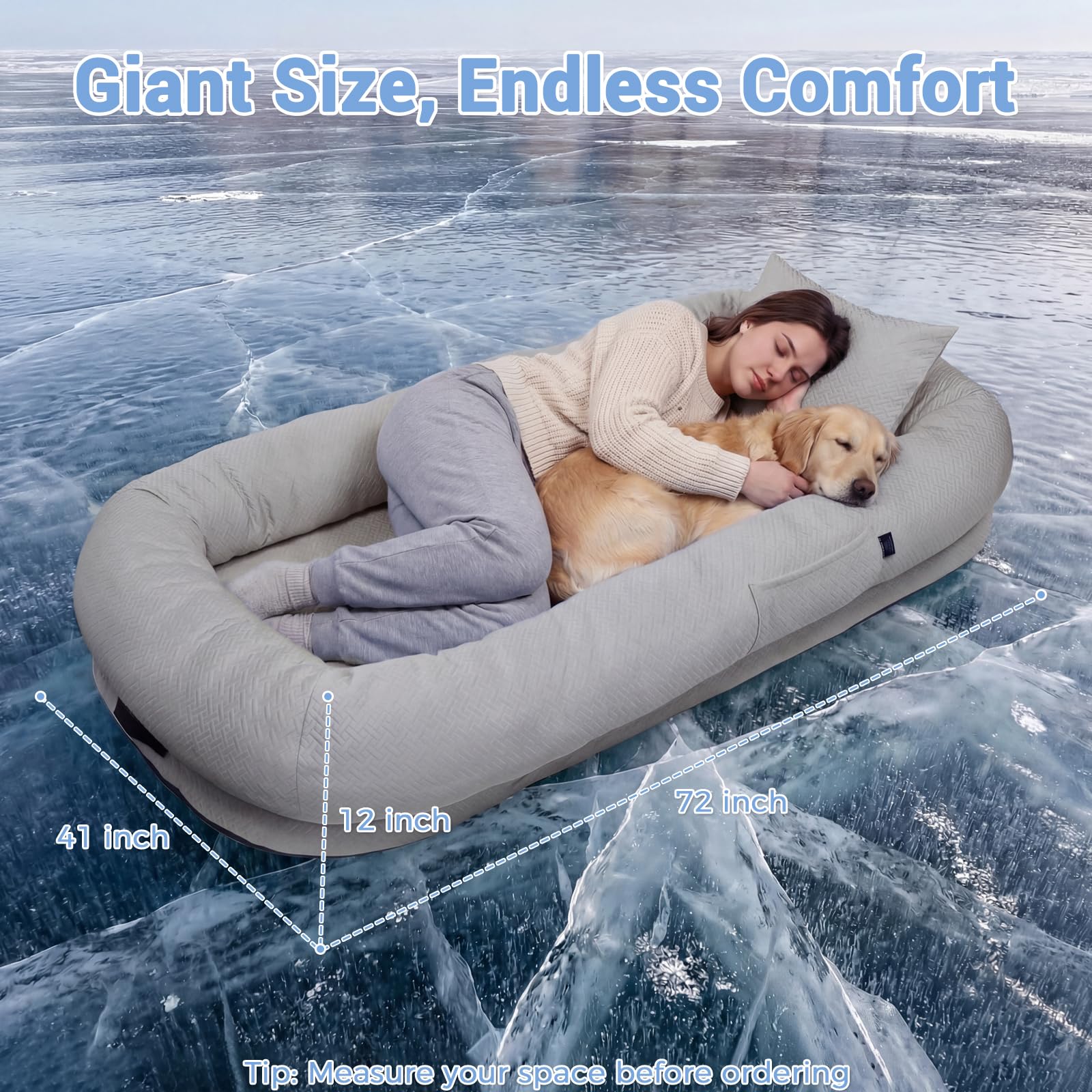 GGIB Cooling Human Dog Bed for Summer, Breathable Washable Floor Lounger for People & Pets, 72"x41"x12", Glacier Grey, Pet Bed for Hot Weather Relaxing