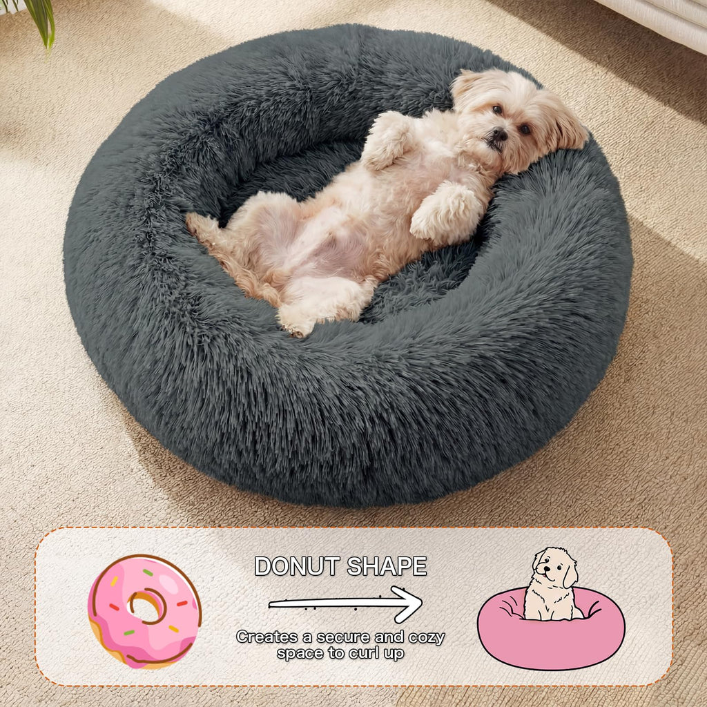 GGIB Calming Dog Bed, 20" x 20" x 6" Fits Cat & Dog, Anti-Slip Round Washable Faux Fur for Doze Off, Napping Orthopedic, Dark Grey