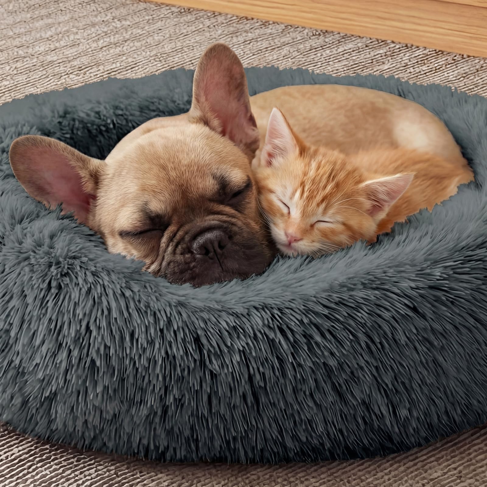GGIB Calming Dog Bed, 20" x 20" x 6" Fits Cat & Dog, Anti-Slip Round Washable Faux Fur for Doze Off, Napping Orthopedic, Dark Grey
