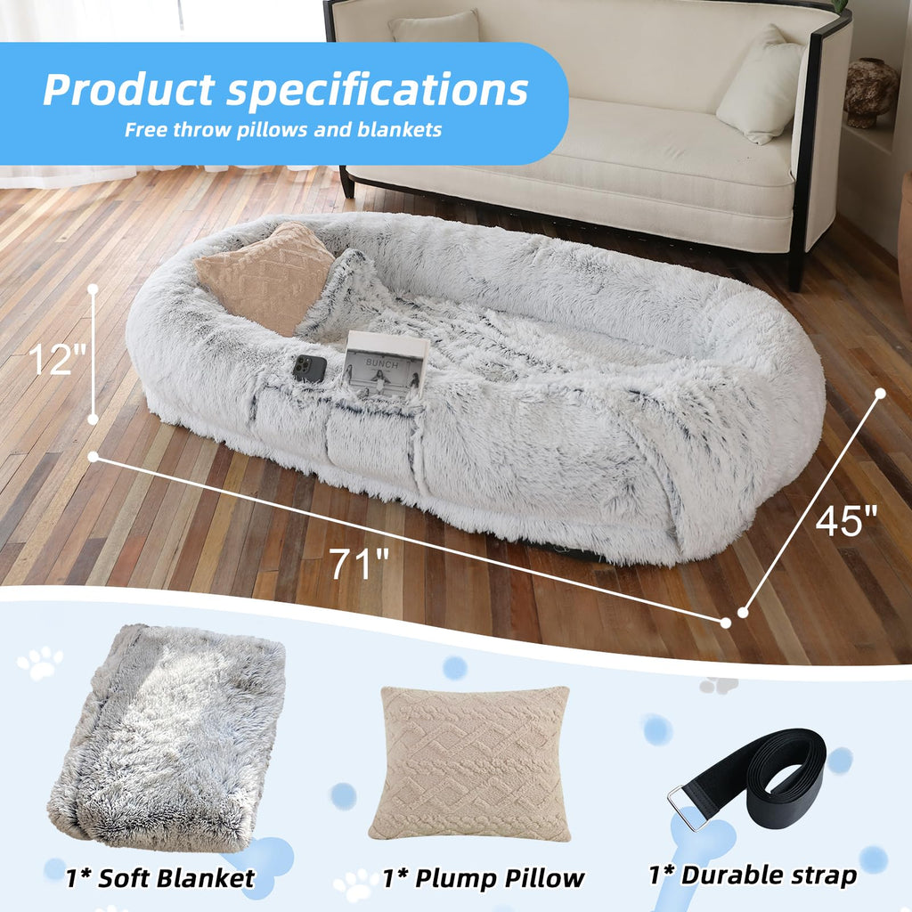 GGIB Human Dog Bed - 71"x45"x12" Fits You & Pets, Washable Faux Fur, Orthopedic, Plump Pillow, Blanket, Strap - Grey