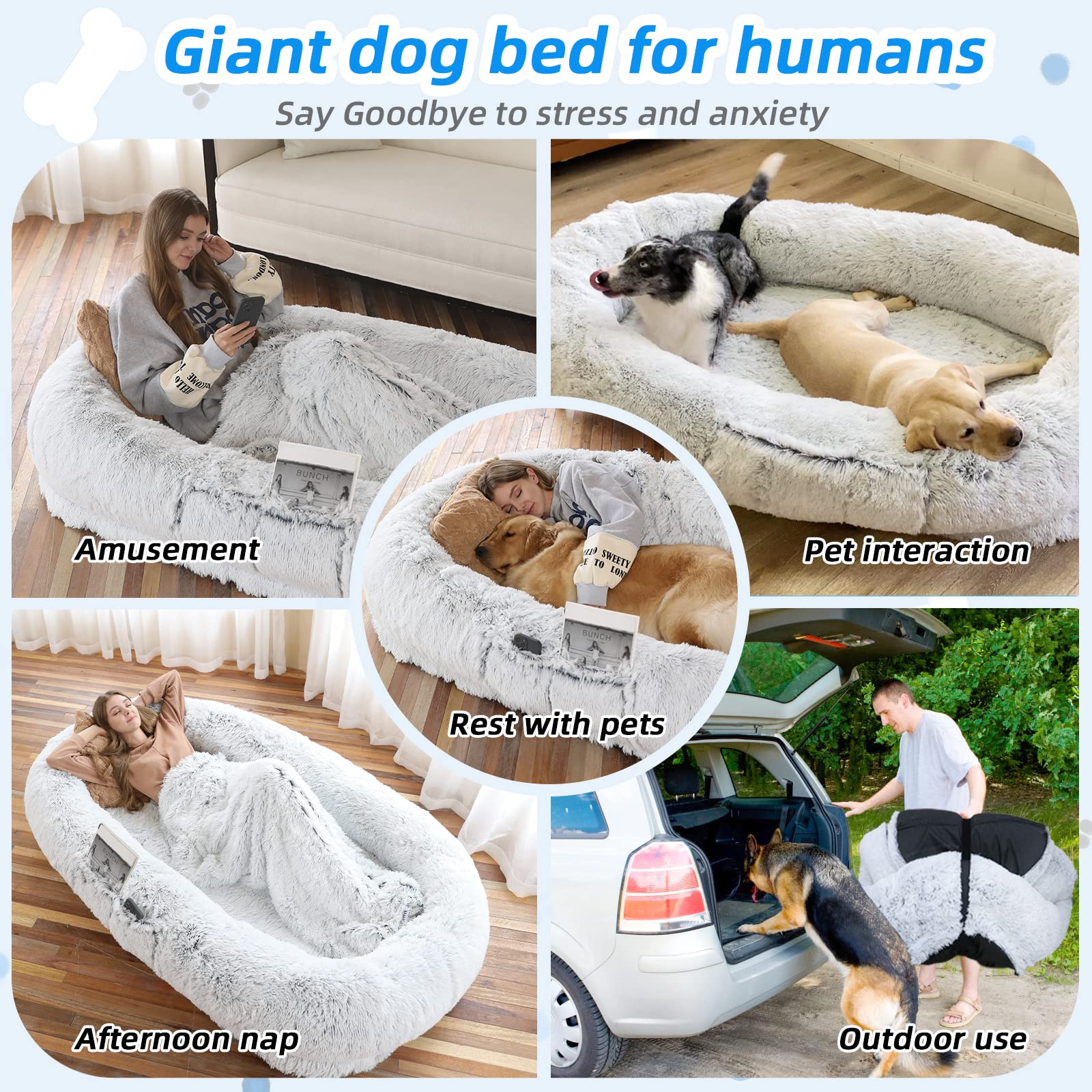 GGIB Human Dog Bed - 71"x45"x12" Fits You & Pets, Washable Faux Fur, Orthopedic, Plump Pillow, Blanket, Strap - Grey