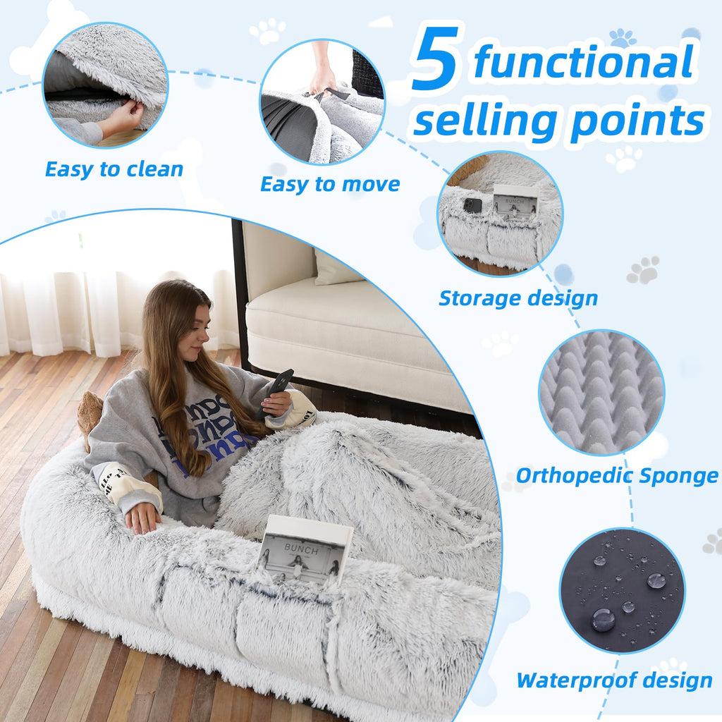 GGIB Human Dog Bed - 71"x45"x12" Fits You & Pets, Washable Faux Fur, Orthopedic, Plump Pillow, Blanket, Strap - Grey