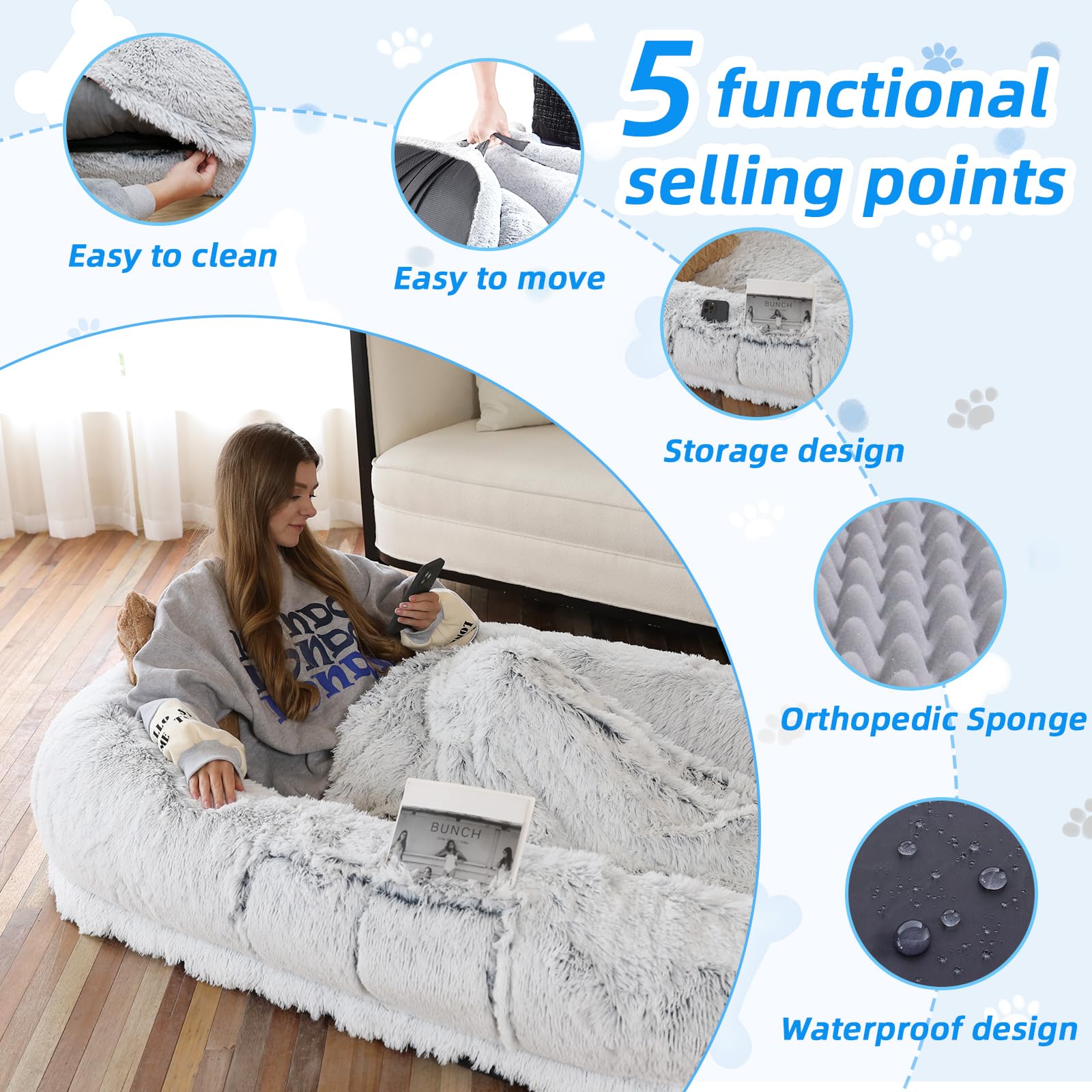 GGIB Human Dog Bed - 71"x45"x12" Fits You & Pets, Washable Faux Fur, Orthopedic, Plump Pillow, Blanket, Strap - Grey