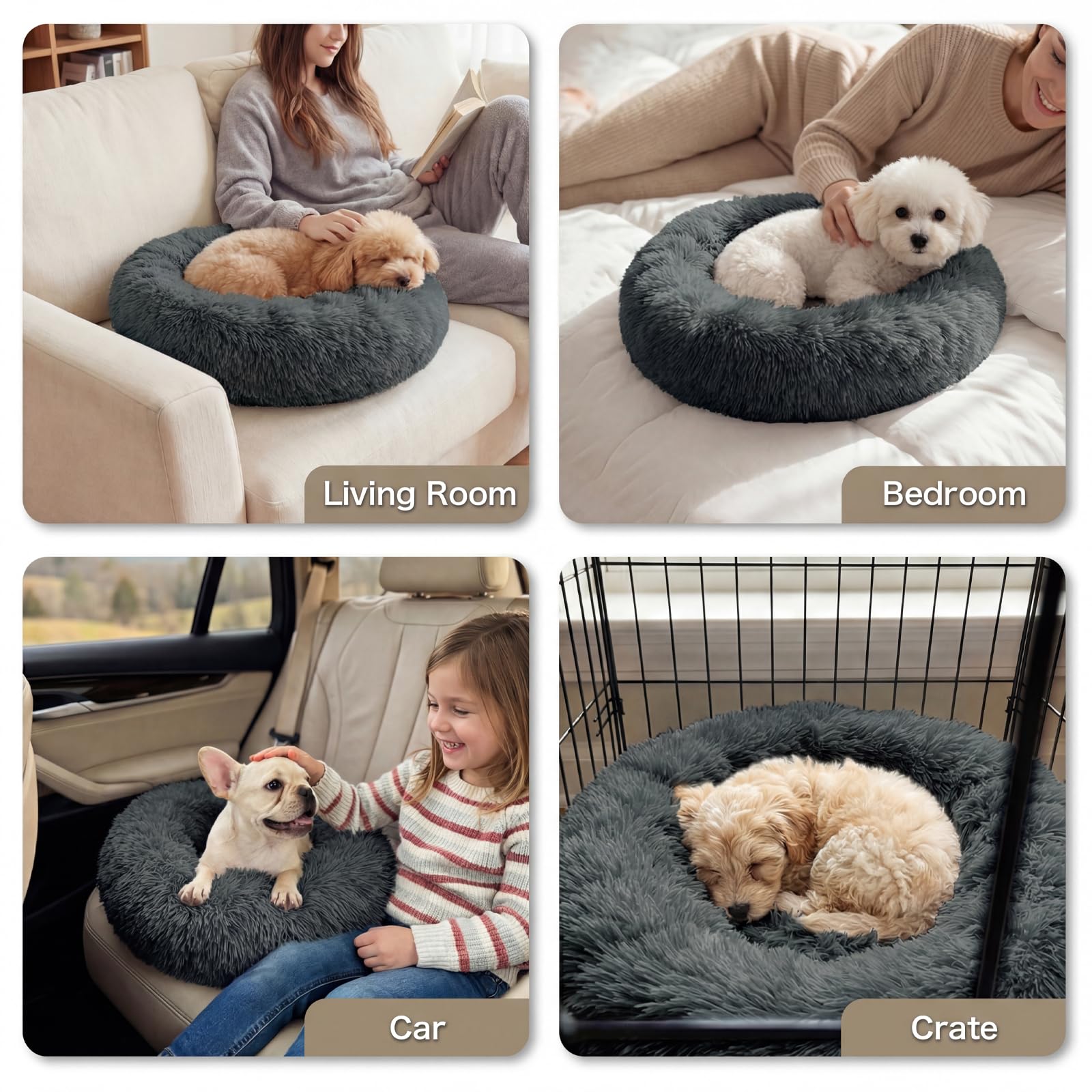 GGIB Calming Dog Bed, 20" x 20" x 6" Fits Cat & Dog, Anti-Slip Round Washable Faux Fur for Doze Off, Napping Orthopedic, Dark Grey