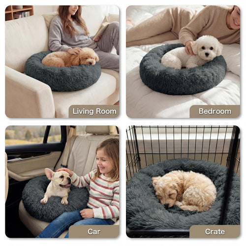 GGIB Calming Dog Bed, 20" x 20" x 6" Fits Cat & Dog, Anti-Slip Round Washable Faux Fur for Doze Off, Napping Orthopedic, Dark Grey