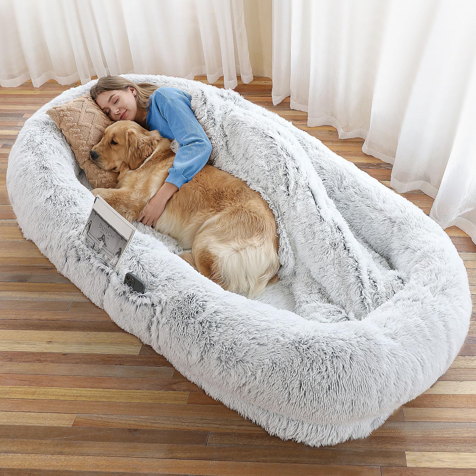 GGIB Human Dog Bed - 71"x45"x12" Fits You & Pets, Washable Faux Fur, Orthopedic, Plump Pillow, Blanket, Strap - Grey